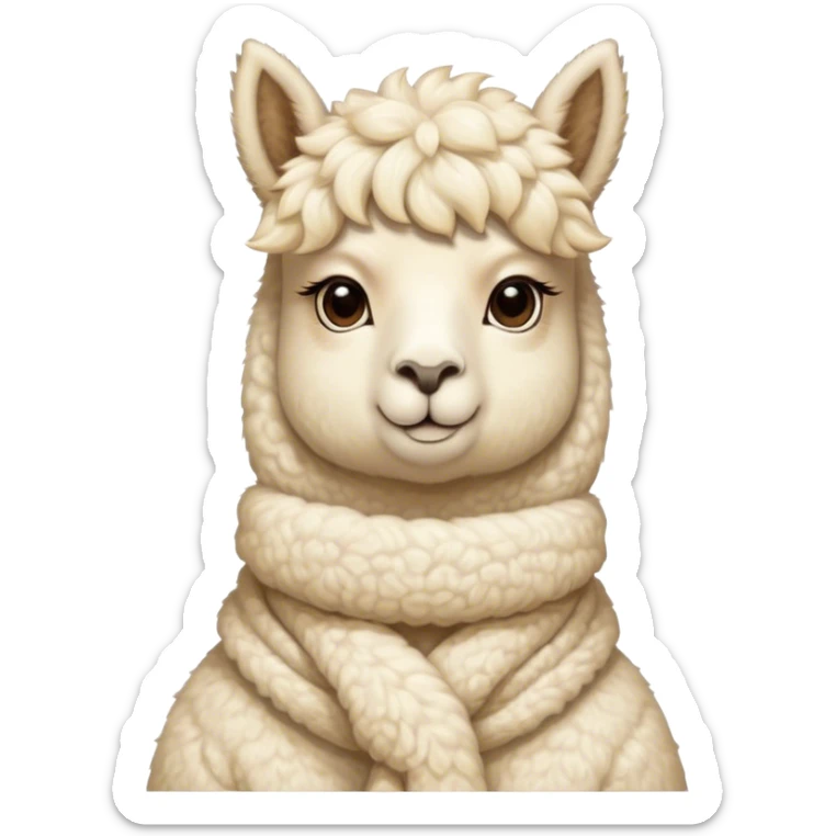 Cinematic Noble Cream Alpaca Portrait Emoji, Poised and regal, with a graceful, sturdy build and a luxuriously soft, well-groomed cream fleece, deep-set soulful gentle eyes, Simplified yet sharp and sophisticated features, highly detailed, glowing with a soft, dignified glow, high shine, intelligent and serene, stylized with an air of pastoral elegance, focused and attentive, soft glowing outline, capturing the essence of a watchful and confident companion, so majestic it feels as though it could stride out of the screen with effortless authority! sticker