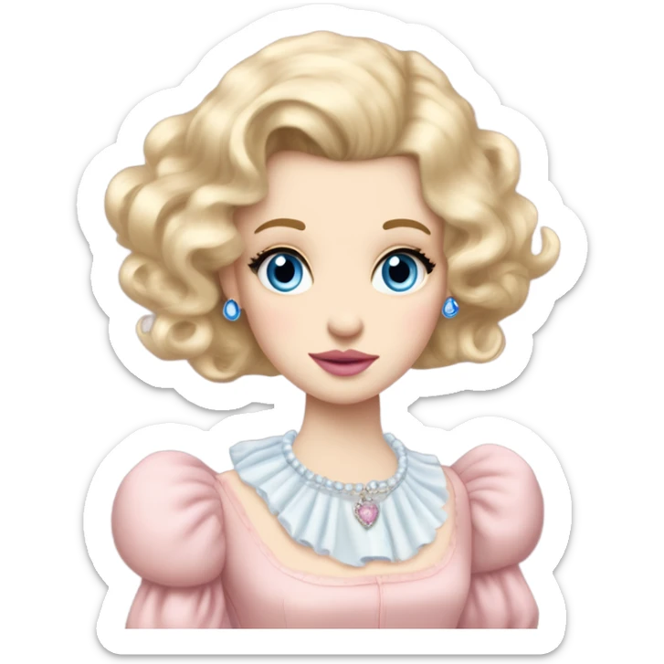 girl blonde hair pale skin blue eyes. Pink lips blush (but not too much). Vintage blowout with long hair not too curly.  light pink princess dress, puffed sleeves, dainty choker necklace (think Versailles but not too much). She has tears in her eyes sticker