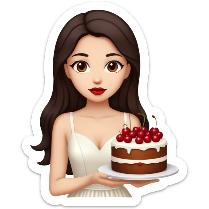 Beautiful woman in 1965’s woman fashion look, white dress, long dark brown hair, cherry cake sticker