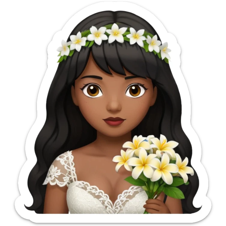 Latina girl with bangs black long hair plus size lace wedding dress with plumeria bouquet sticker