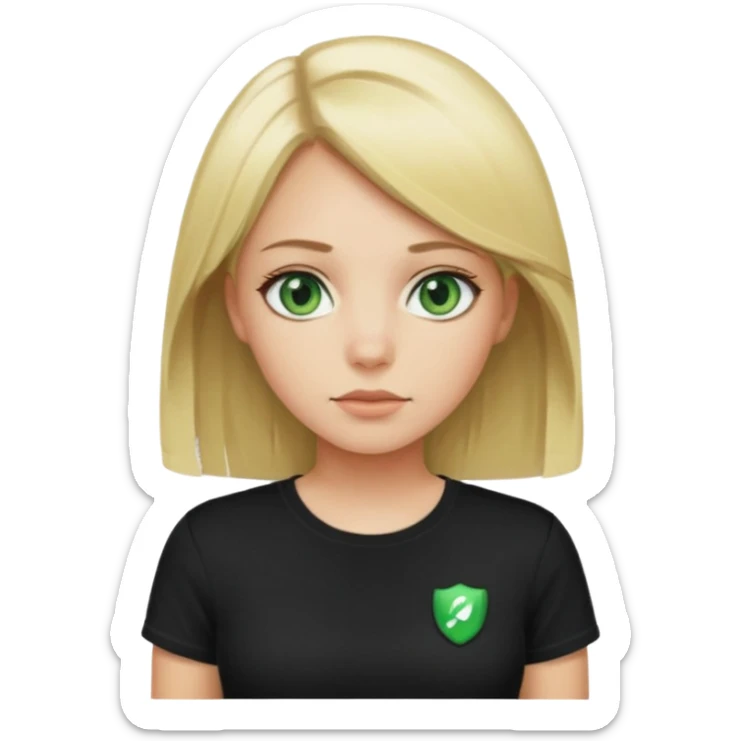 Girl with green eyes, blonde with straight medium length hair, and front buckles to the chin, in a black skims t-shirt sticker