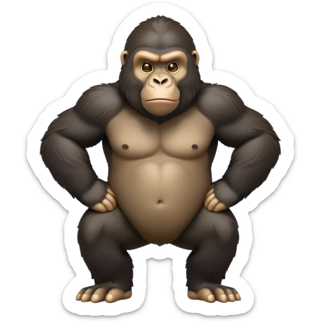 cinematic-gorilla-realistic-full-body-on-all-fours-emoji,-exuding-strength,-thick-dark-fur-in-the-light,-head-tilted-dramatically,-deep-friendly-eyes-filled-with-intense-intelligence,-simplified-yet-realistic-focused-features,-highly-detailed, zoomed out friendly  sticker
