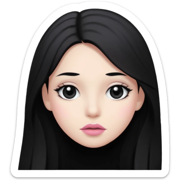 hair long black normal hair with black eyes, and white skin, white pinkish lip  sticker