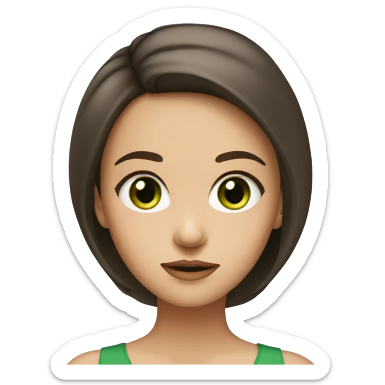 girl with sharp chin and brunette hair with moderately big eyes and green eye color sticker