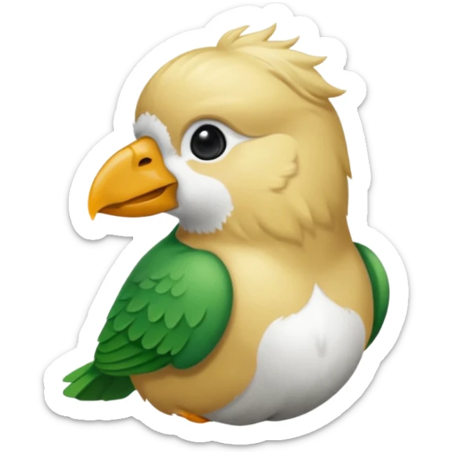 un oiseau classique de profil tout vert et un seul poil blond qui fait une petite bouclette sur le front avec le collier argenté avec des ronds attachés au collier est autour du coup de l’oiseau entre la tête et le corps sticker