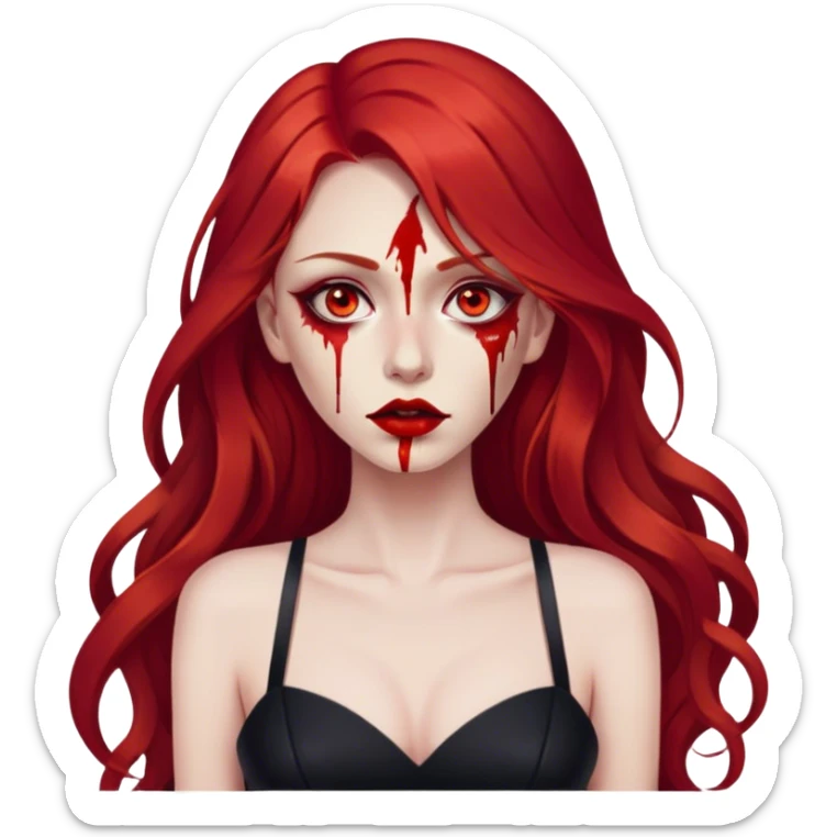 a woman with long red hair and red eyes. The woman wear a black metaphorical cutted dress. She have red lipstick. blood on face and metaphorical chest sticker