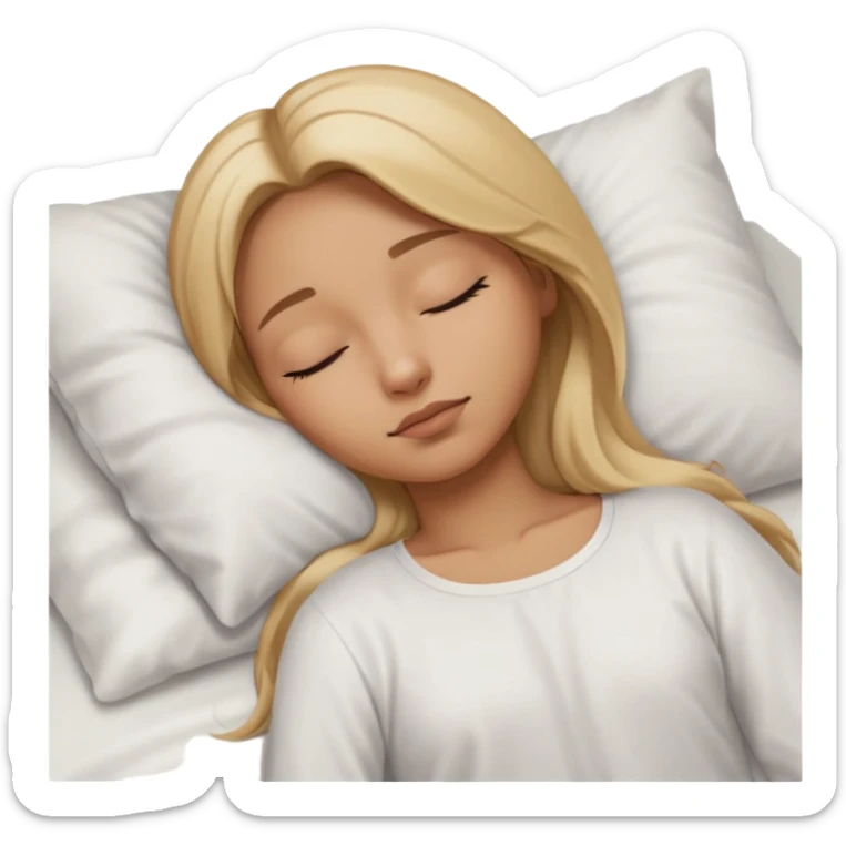 Mujer color de piel moreno claro, con cabello rubio largo, lacio y suelto, ojos negros, durmiendo con sábanas blancas  sticker