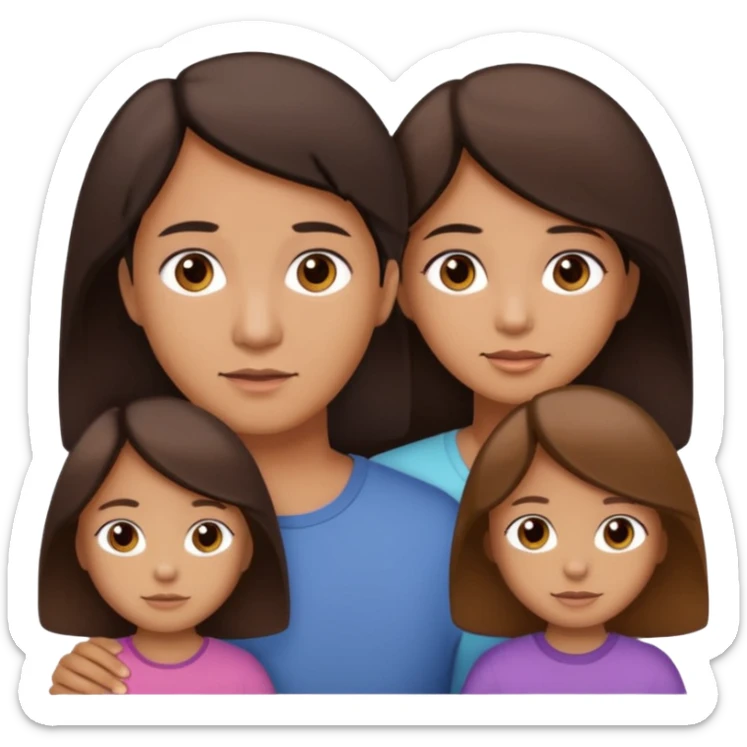 Family portrait with father with dark brown hair and black eyes, mother with light brown hair and brown eyes, three brown little girls with brown eyes sticker