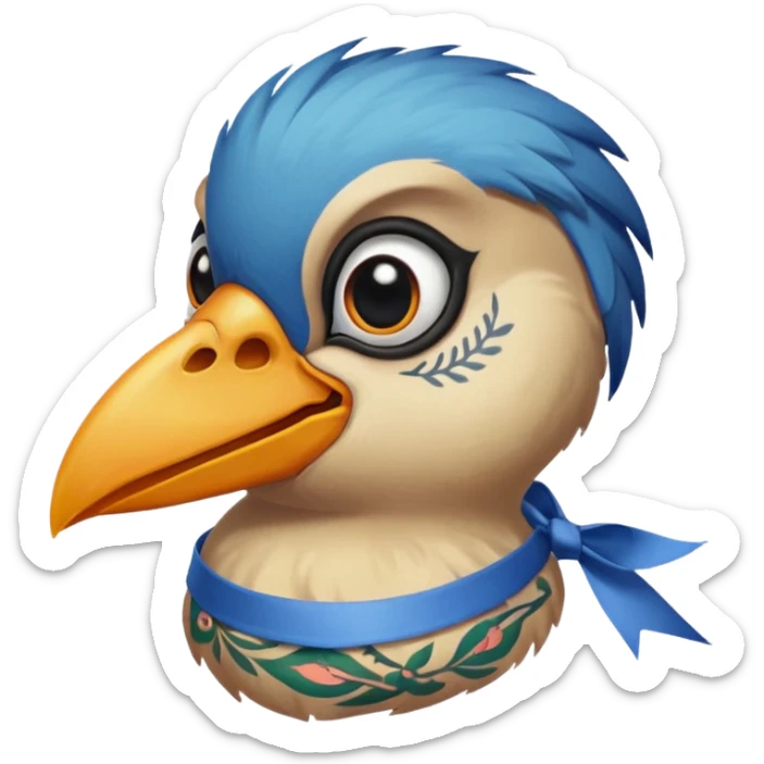 bird with piercings on beak and excessive face tattoos and ribbon two eyes sticker