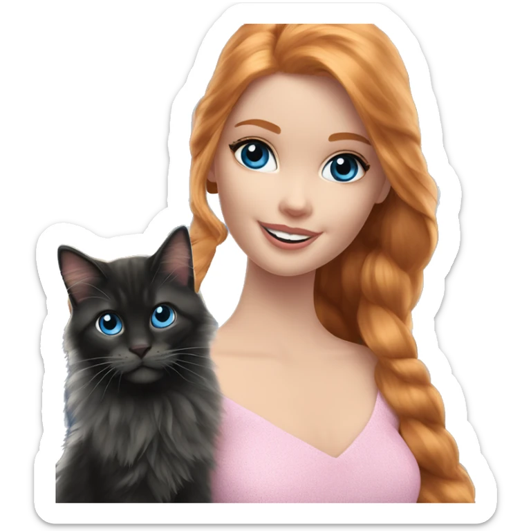 Barbie girl with long ginger hair and blue eyes Holds in her arms Black Maine coon sticker