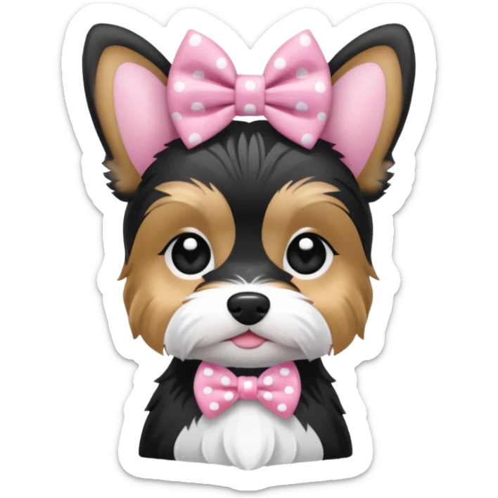 Biewer yorkie with straight ears, black and white color, pink white dotted bow between the ears sticker