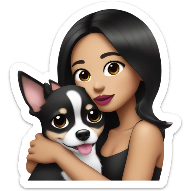 Thick medium black hair with black eyes and pink lip and pink cheek Filipino lady hugging black and white Chihuahua  sticker