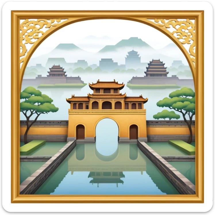 Cinematic Realistic Imperial City of Hue Landmark Emoji, capturing the ancient citadel’s weathered walls, intricate gates, and traditional Vietnamese architecture, surrounded by a misty, tranquil moat. sticker