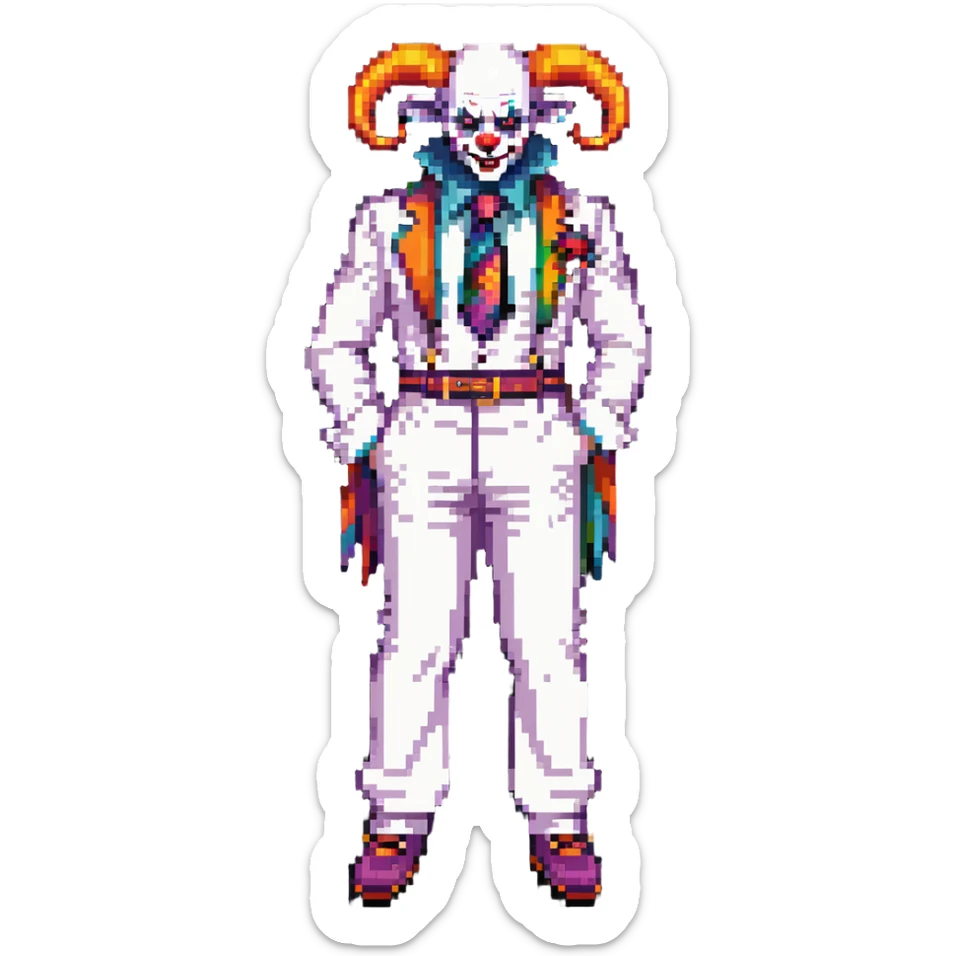 full-body demonic clown in a white leisure suit with bellbottom pants, bald, black ram horns, elevator shoes, flashy belt, ruffled shirt, colorful tie sticker