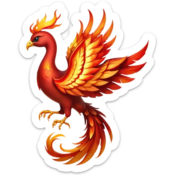 Cinematic Noble fierce & powerful Fire Phoenix Portrait Emoji, Poised and resplendent, with a radiant, fiery plumage in brilliant hues of scarlet, gold, and ember, featuring elongated, elegant tail feathers that flow like molten lava, and piercing, wise eyes reflecting the eternal cycle of rebirth; rendered with lifelike texture and luminous natural highlights, high shine, majestic and awe-inspiring, styled with an aura of mythic resurgence, focused and regal, soft glowing outline, capturing the essence of a legendary phoenix rising from the flames with timeless grace! sticker
