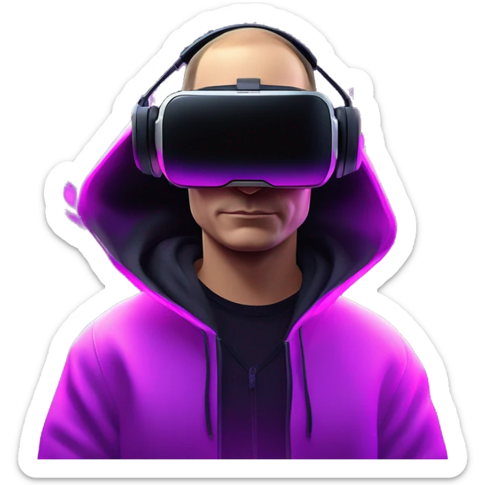 Putin wearing a black hoodie with "OMG" letters on it and VR headset oculus quest 2 in a cyberpunk VR environment with violet neon lighting. sticker