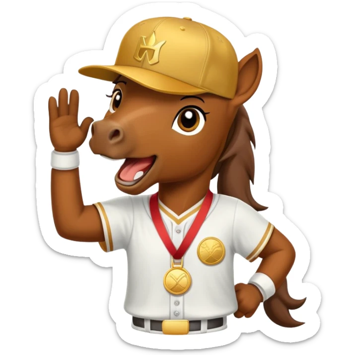 friendly anthropomorphised horse in a hip-hop outfit, wearing a gold medal and a baseball hat sticker
