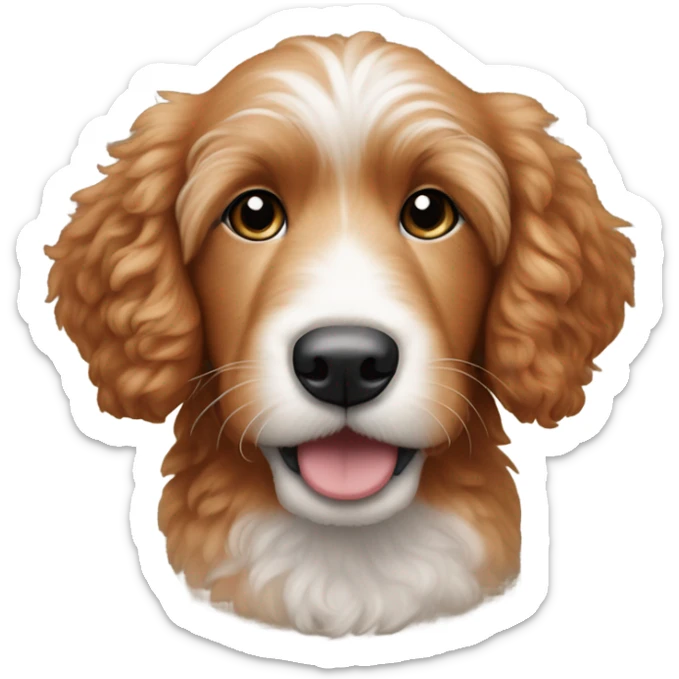 Red goldenoodle puppy with white tuft at tip of nose and white spot on top of head sticker