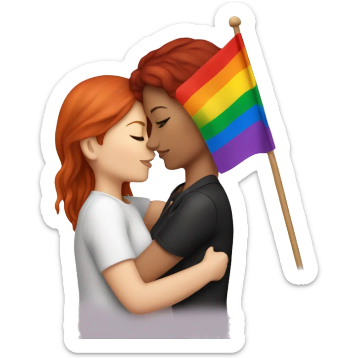 Brunette and redhead lesbian couple are kissing and hold lgbt flag sticker
