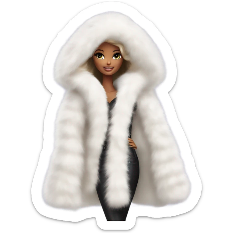 Barbie in an extremely big fluffy oversized white fur coat with hood on. The fur is real and it’s very obvious big and fluffy like in Pinterest  sticker