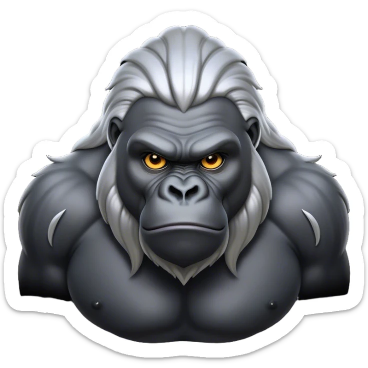 Cinematic Noble Silverback Gorilla Portrait Emoji, Poised and majestic, with a powerful, muscular frame accentuated by a distinguished silver mane and piercing, wise eyes, Simplified yet sharp and sophisticated features, highly detailed, glowing with a soft, regal jungle glow, high shine, intelligent and commanding, stylized with an air of imperial strength, focused and resolute, soft glowing outline, capturing the essence of a watchful guardian that feels as though it could step out of the screen with effortless authority! sticker