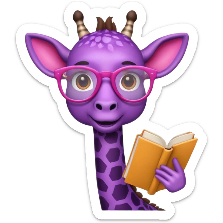 emoji de jirafa violeta con manchas rosadas  agregar lentes de lectura a la tercer imagen sticker