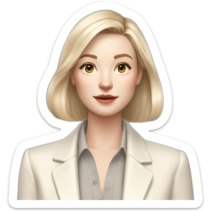 pale skin woman with ash blonde Straightened bob Hair, White Spacious classical jacket, beige palazzo Arrow pants and gray blouse holding white IPhone 14 pro in the hands sticker