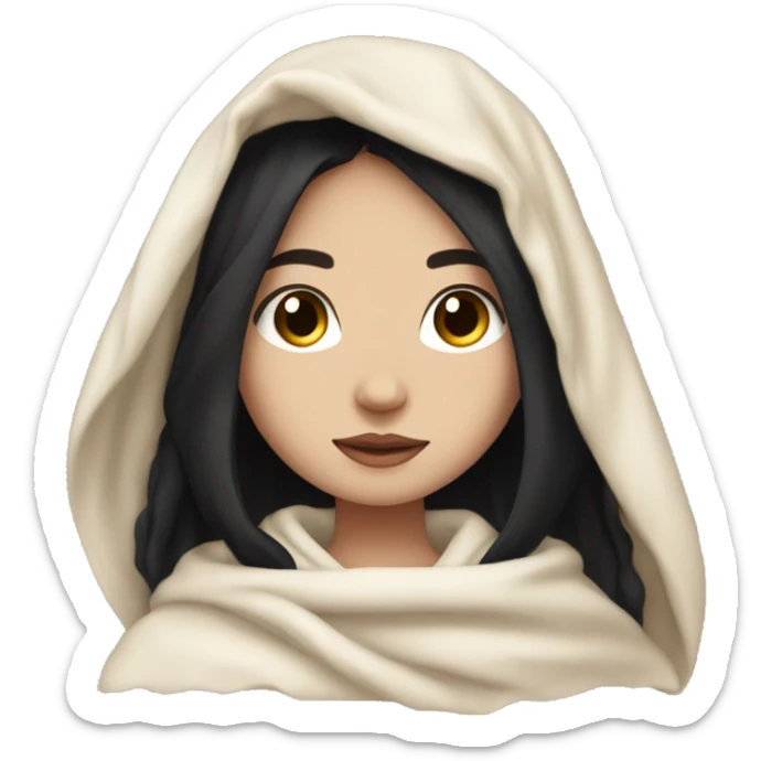 Girl with pale skin black shoulder length hair in a blanket all cozy sticker