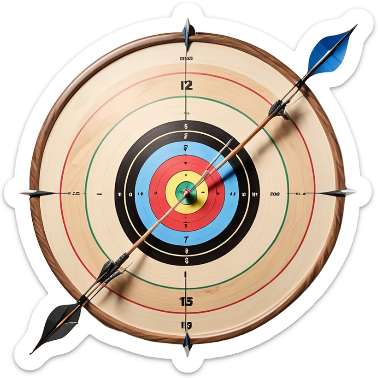 A professional recurve bow with an arrow nocked, ready to be released. The target features concentric rings, placed at a distance. The emphasis is on the bow, arrow, and target, highlighting the precision, focus, and skill involved in competitive archery. sticker