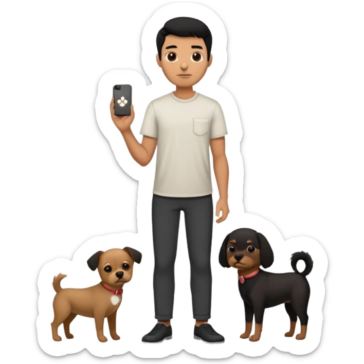 Mexican man with black hair and brown eyes wearing a shirt and black pants, holding a small white dog with one brown ear sticker