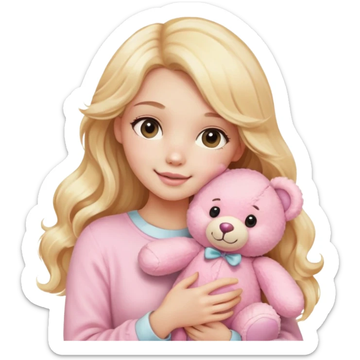 An emoji of a blonde woman holding a plush pink teddy bear. She has long, wavy golden hair and a gentle, happy expression. The teddy bear is soft, fluffy, and pastel pink, giving a cute and cozy vibe sticker