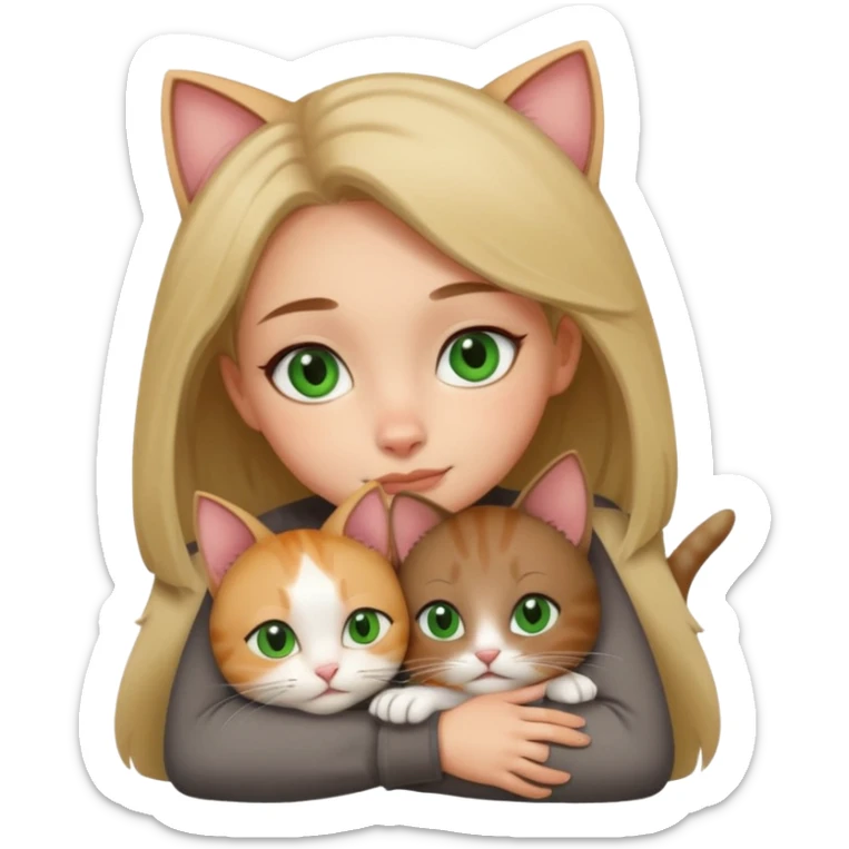 A girl with a square with a mole on her right cheek and square-green eyes hugs a cat sticker