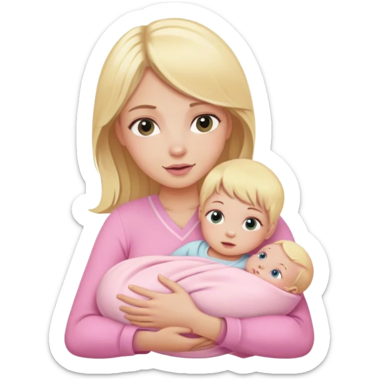 Blonde girl holding a new born baby while the baby is wrapped in pink. sticker