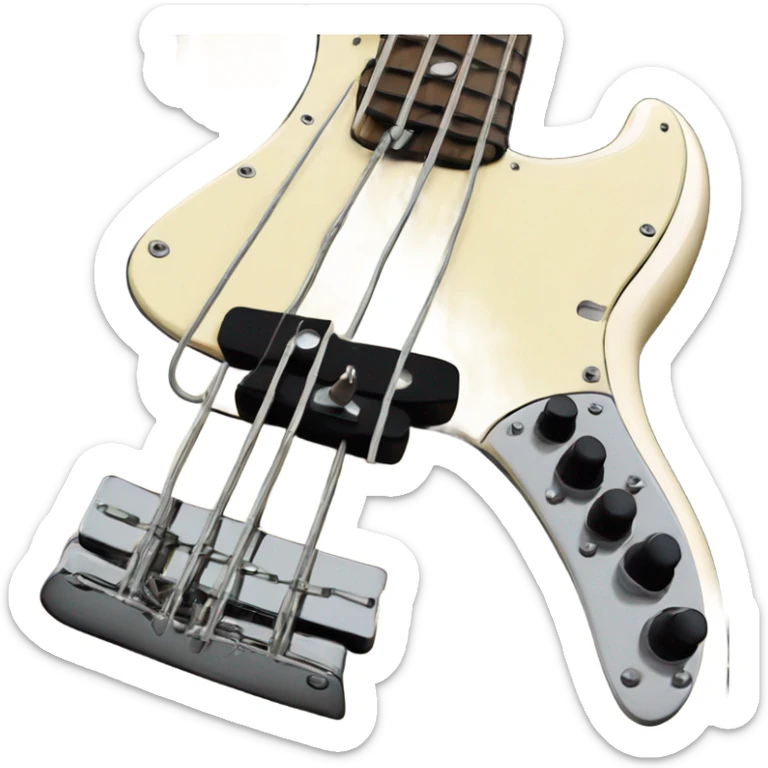 Cream colored fender fretless jazz bass with white tort pick guard sticker