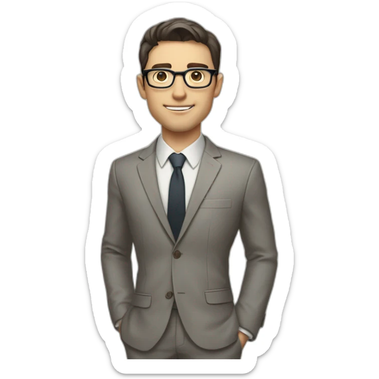 Full height Pale skinned Fit Man With dark brown hair in classic gray suit, beige office shirt, dark gray tie, and vintage glasses. His right hand is directed up sticker