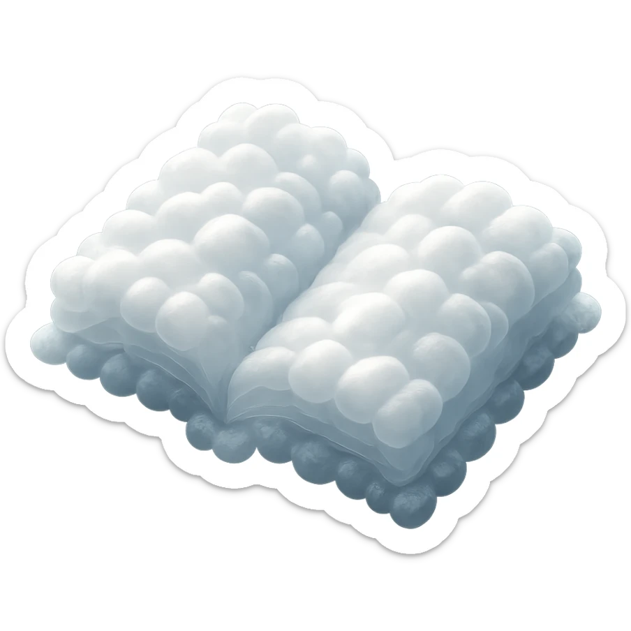 top view of a thick open book made entirely of small, very bright white fluffy convex clouds, matte glass style sticker