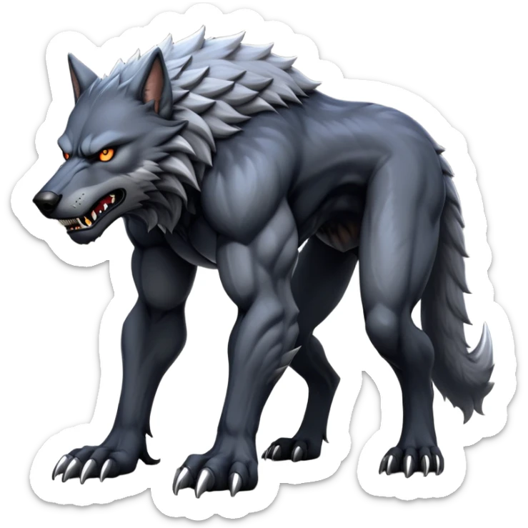 cinematic-noble-fierce-werewolf-full body on all fours-emoji, poised-and-imposing, with a tall, lean, and muscular wolfish frame inspired by the brutal, imposing shape of the beast from Berserk, fur rippling in shades of midnight black and silver, massive paws with razor-sharp claws, elongated limbs and fangs, eyes glowing with an intense, primal ferocity, reflecting the untamed power of the wild moonlit night; rendered with realism like a wolf hunched over sticker