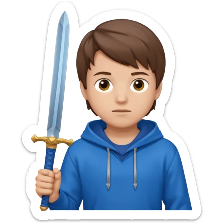 make a boy with brown hair and a blue hoodie and add a blue sword too sticker
