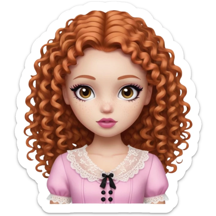 pretty bratz girl, ginger curly hair, freckles, dark brown eyes, pink lips, black eyeliner, pale skin, cute lace girly clothes sticker