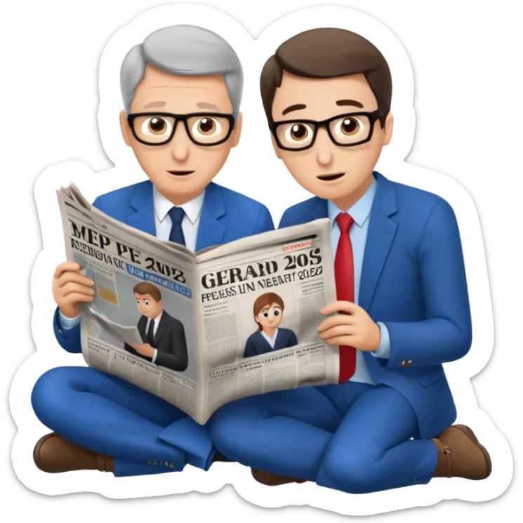Gérard Larchet et yael braun pivet qui sont assis à genoux et qui lisent un seul et même grand journal et qui semblent émerveillés sur le journal on peut voir marque MEP 2026 au,milieu d’un article  sticker