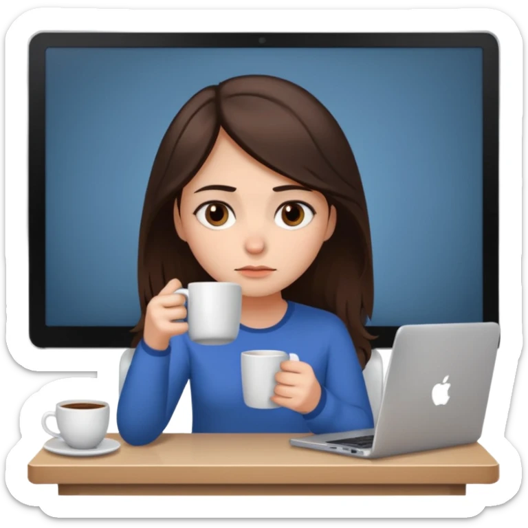A brunette girl with dark brown eyes, dark circles under eyes, tired, sad face, with a mug of coffee in one hand and sitting in front of a computer sticker