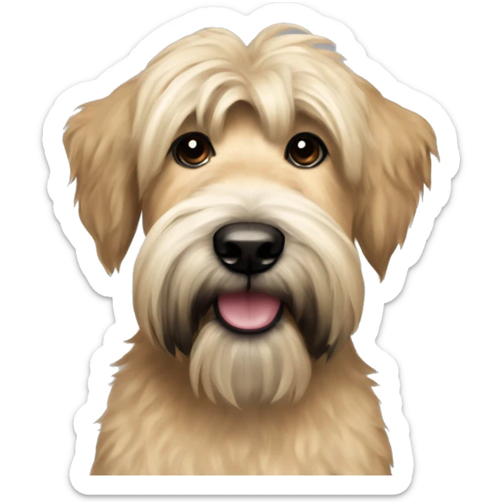 Wheaten terrier with fluffy long hair, black ears and black chin sticker