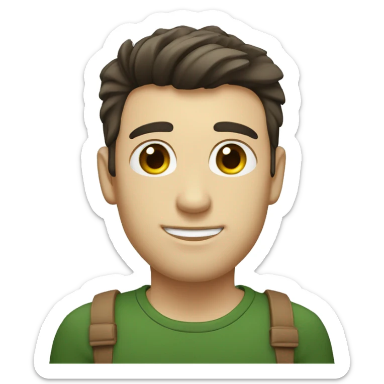 man with the following characteristics: Short, dark brown hair with a minimal quiff (a small upward tuft at the front). Dark green eyes. Friendly and approachable expression. sticker