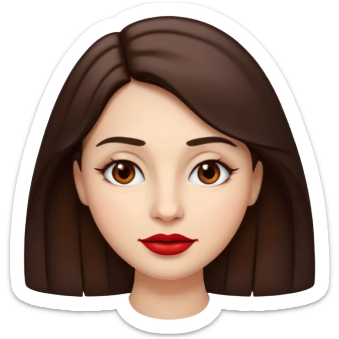 A woman emoji with fair skin, slightly wavy dark brown hair parted in the middle, an oval-shaped face, arched dark eyebrows, almond-shaped brown eyes, a small straight nose, and full lips with deep red lipstick. sticker