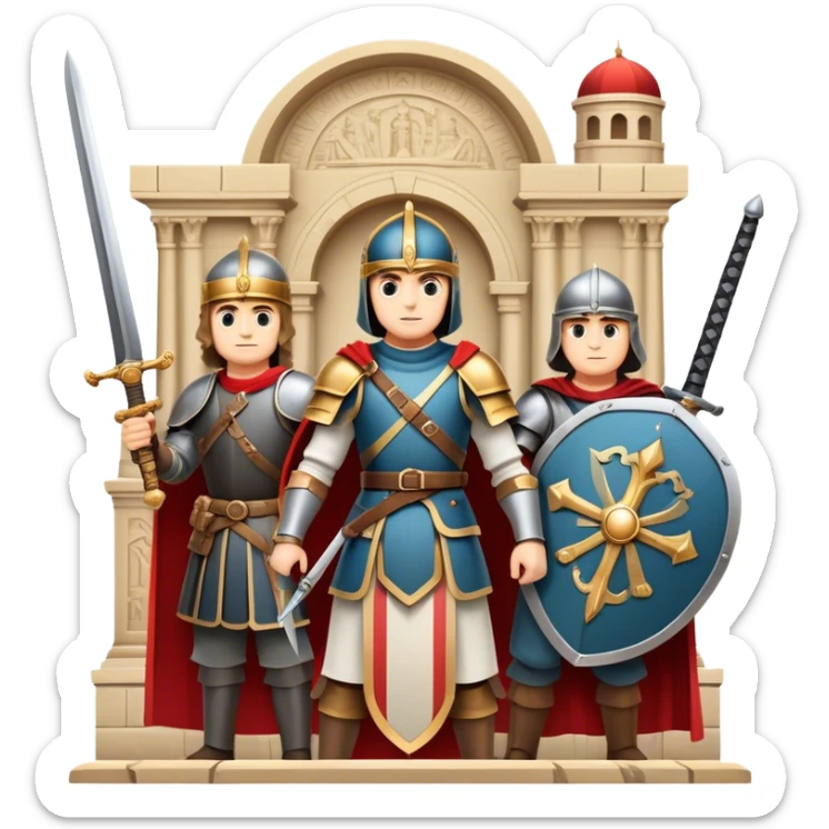 Icon for Historical Movies: A vintage movie poster-style design with elements of ancient architecture, historical figures in period costumes, and a backdrop of a historical event or battle. Include scrolls, swords, and shields. Retro cinematic feel. Transparent background. sticker
