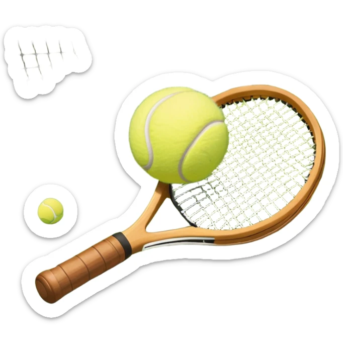 A tennis racket and ball positioned on a grass court, with the net and lines clearly visible in the background. The scene emphasizes the classic elements of the sport, capturing the energy and precision of a tennis match. sticker