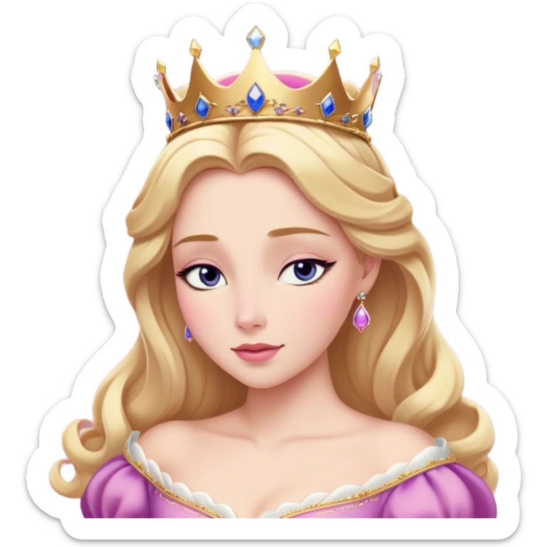 Cinematic Realistic Sleeping Beauty (Aurora) Portrait, with porcelain-like skin featuring a natural rosy flush, illuminated by soft lighting that highlights the gentle contours of her face. Her golden blonde hair flows in soft, detailed waves with subtle highlights that shimmer in the light. Her deep violet-blue eyes radiate warmth and innocence, framed by arched brows and long lashes. Her serene expression exudes quiet elegance. She is dressed in her classic pink gown, the fabric rich in texture with delicate folds that catch the light. A golden crown rests atop her head, gleaming with royal refinement. The portrait captures a soft, glowing aura, blending realism with an ethereal sense of beauty and timeless enchantment. sticker