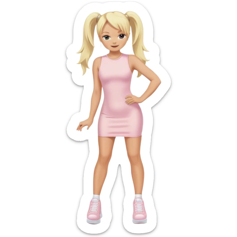 Emma Bunton with long blonde ponytails wearing light pink bodycon dress with white platform sneakers sticker