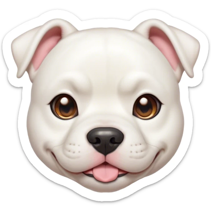 Cinematic Cute White American Bulldog Portrait Emoji, Head tilted playfully and inquisitively, smooth white fur with a healthy sheen, round, sparkling brown eyes filled with curiosity, Simplified yet irresistibly adorable features, highly detailed, glowing with a warm, friendly glow, high shine, affectionate and lively, stylized with a touch of whimsy, bright and endearing, soft glowing outline, capturing the essence of a mischievous yet loving pup, so playful it feels like it could bound out of the screen and into your arms! sticker