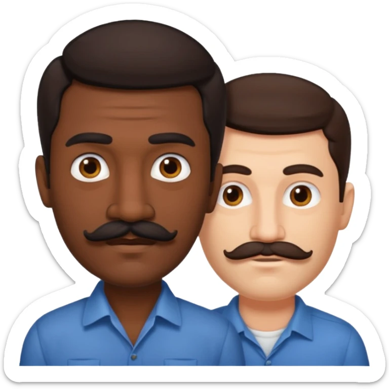 Gay couple. Tall dark indian man with mustache and shorter white man with dark brown hair and no mustache. sticker
